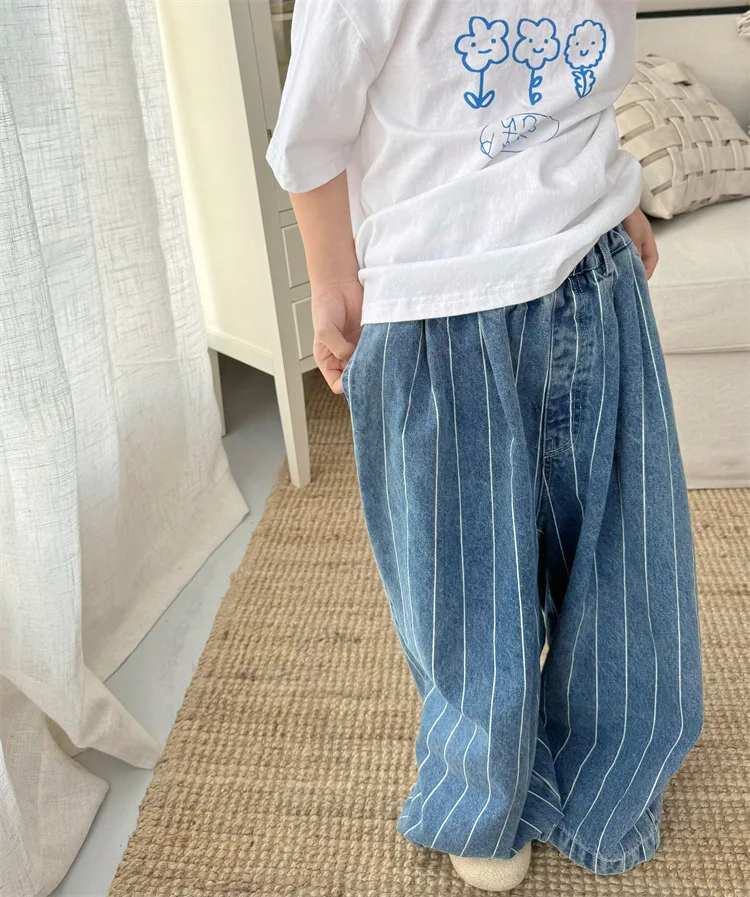 2024 Spring Summer Kids jeans fashion Boys Vertical stripes denim wide leg pants Girls loose casual Trousers