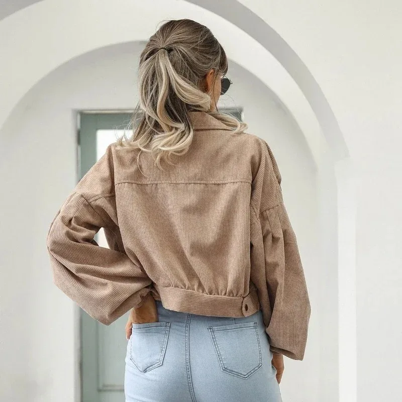 2024 primavera cappotto di velluto a coste soprabito Vintage monopetto capispalla moda tasca top Casual manica lanterna giacche donna 18047