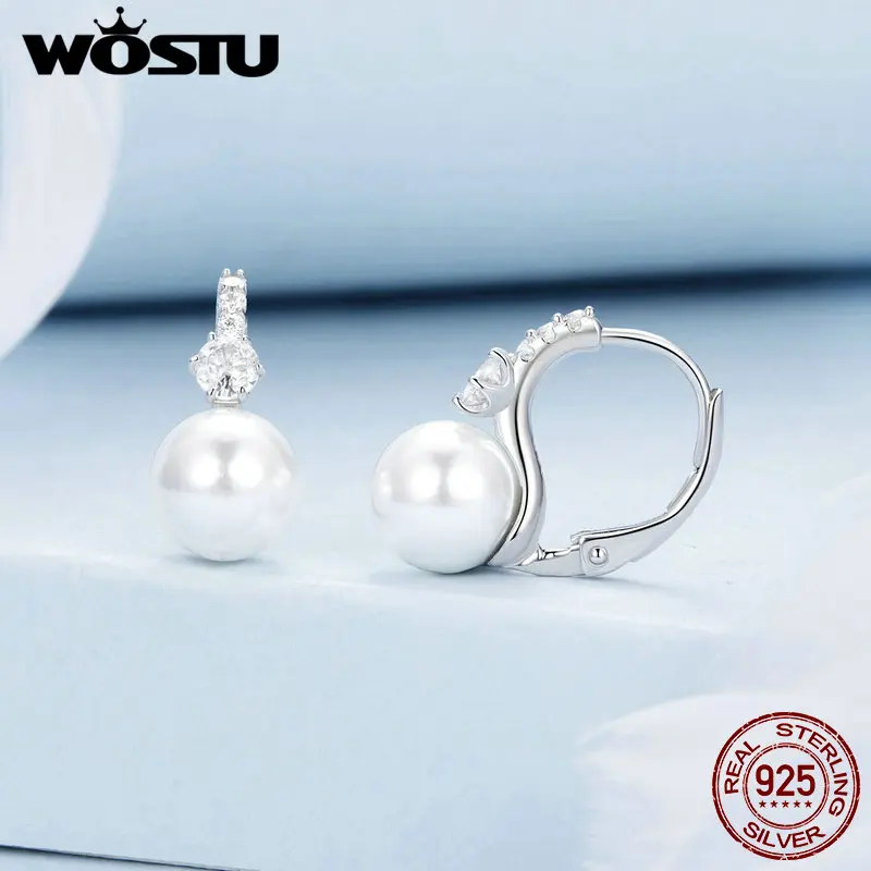 WOSTU New Arrival 925 Sterling Silver Shell Pearl Earrings Opening Ring Set Ear Hoop for Women Fine Jewelry Party Date Gift