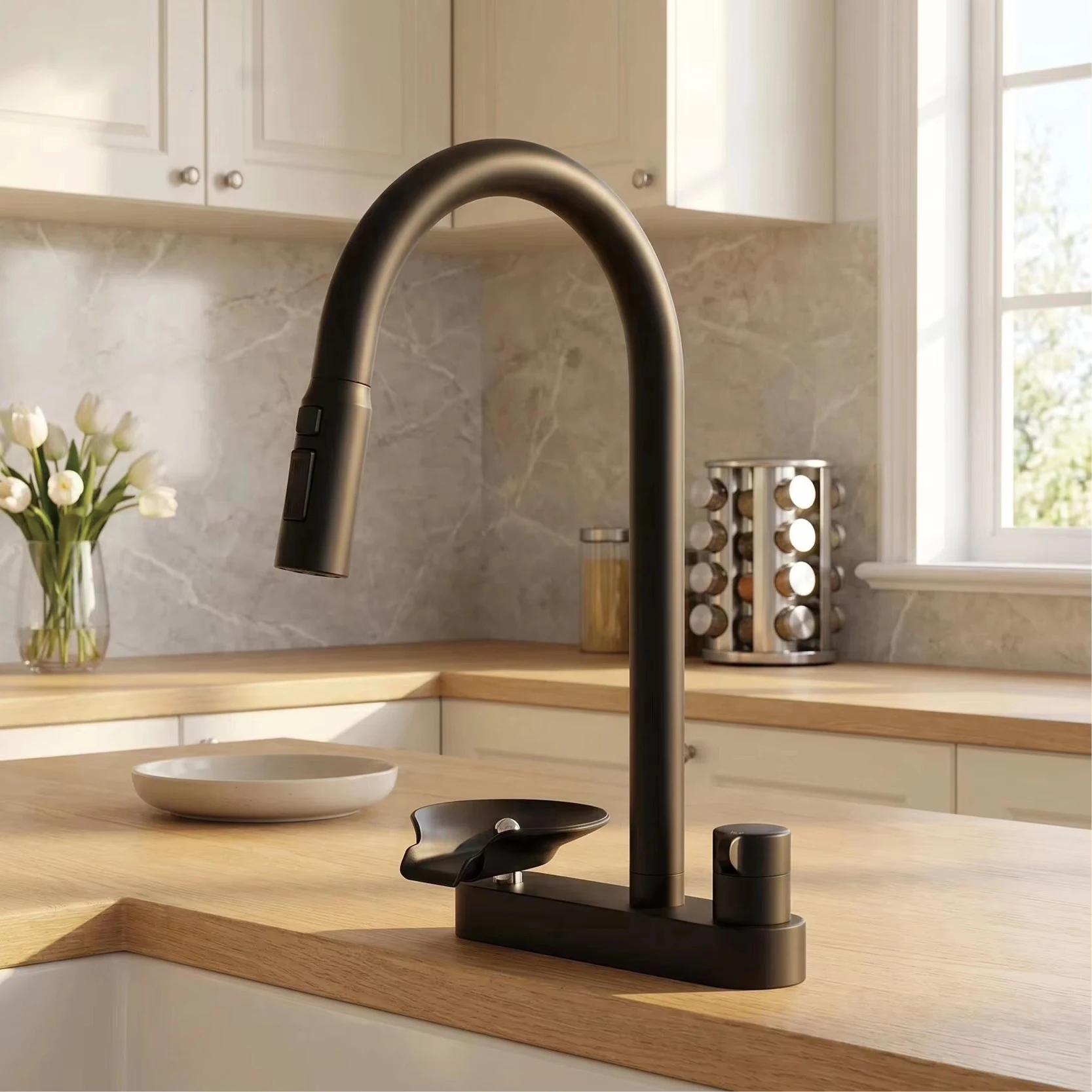 Modern Matte Black Pull Out Kitchen Faucet 1 Hole Single Hand Control Hot Cold Water Tap Built-In Cup Washer Function Sink Mixer