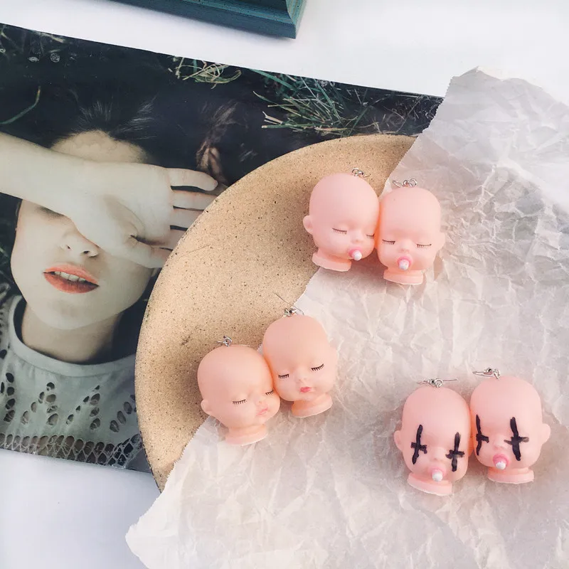 Funny Pacifier Doll Head Drop Earrings for Women Cute Eyes Closed Nipple Baby Earring Hooks Girl Fashion Dangle Jewelry Kid Gift