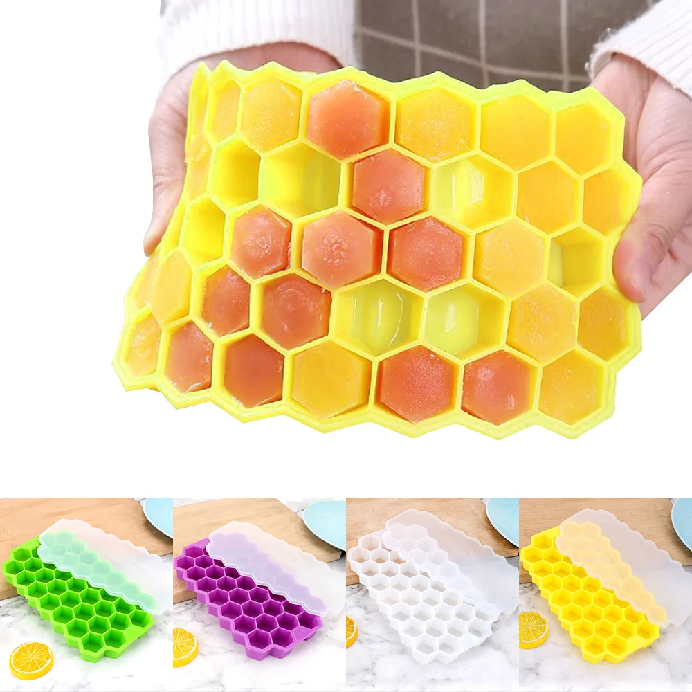 Ice Cream Tools Honeycomb Ice Cube Tray With Lids For Whiskey Cocktail Cold Drink 37 Cubes Silicone Ice Cube Maker Mold