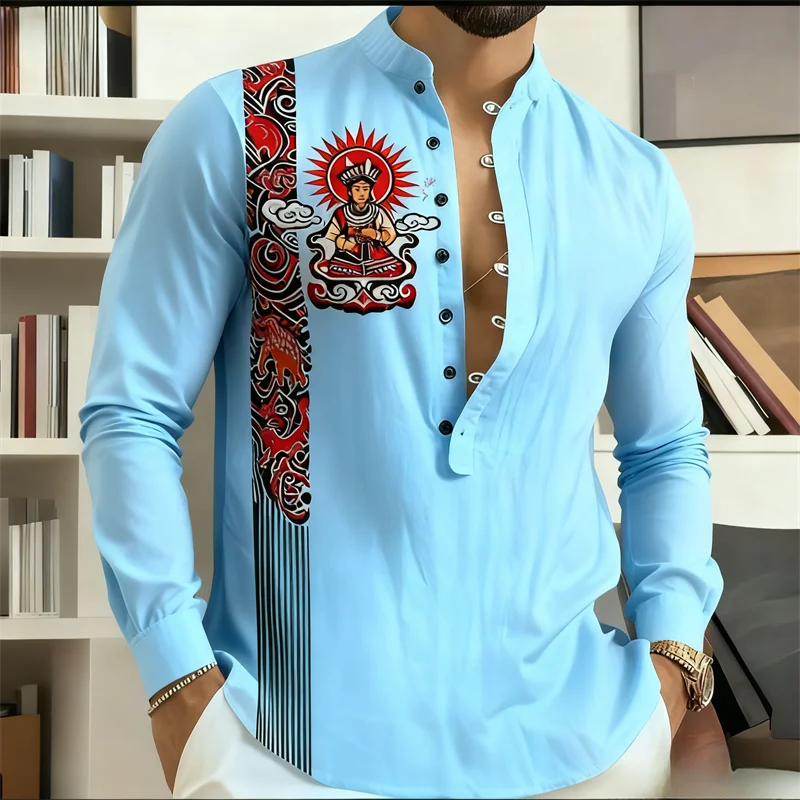 

2026 Ethnic Printed Bazhu Clothing Men's Long Sleeve Shirt Traditional Pattern Casual Top Traditional Cultural Style