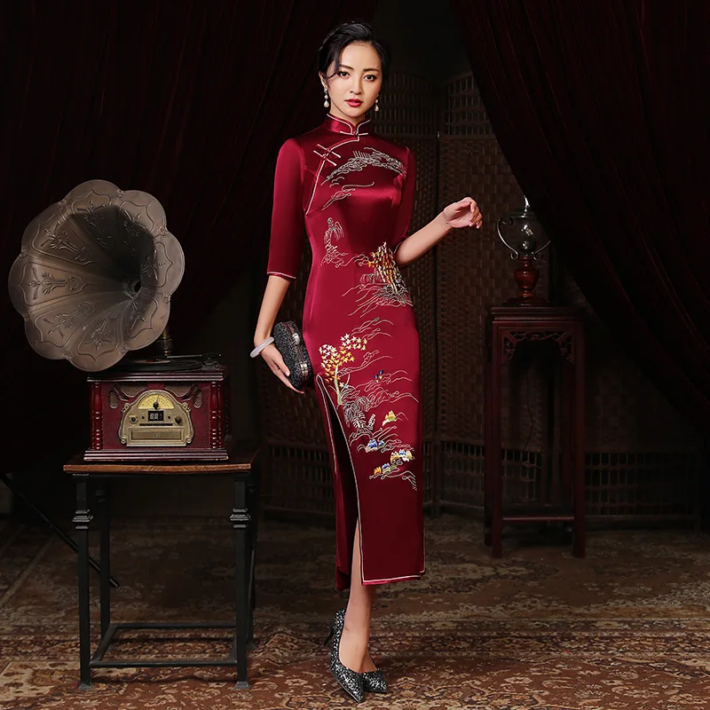 Yourqipao Chinese Embroidered Wedding Cheongsam for Mother Of The Bride Dresses 2023 With Half Sleeves Wedding Guest Party Dress