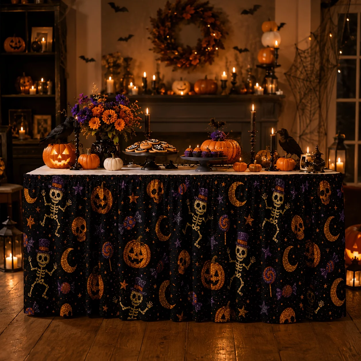 1 Halloween-themed table dress print featuring dancing skeletons, pumpkins, candy, stars, and the moon