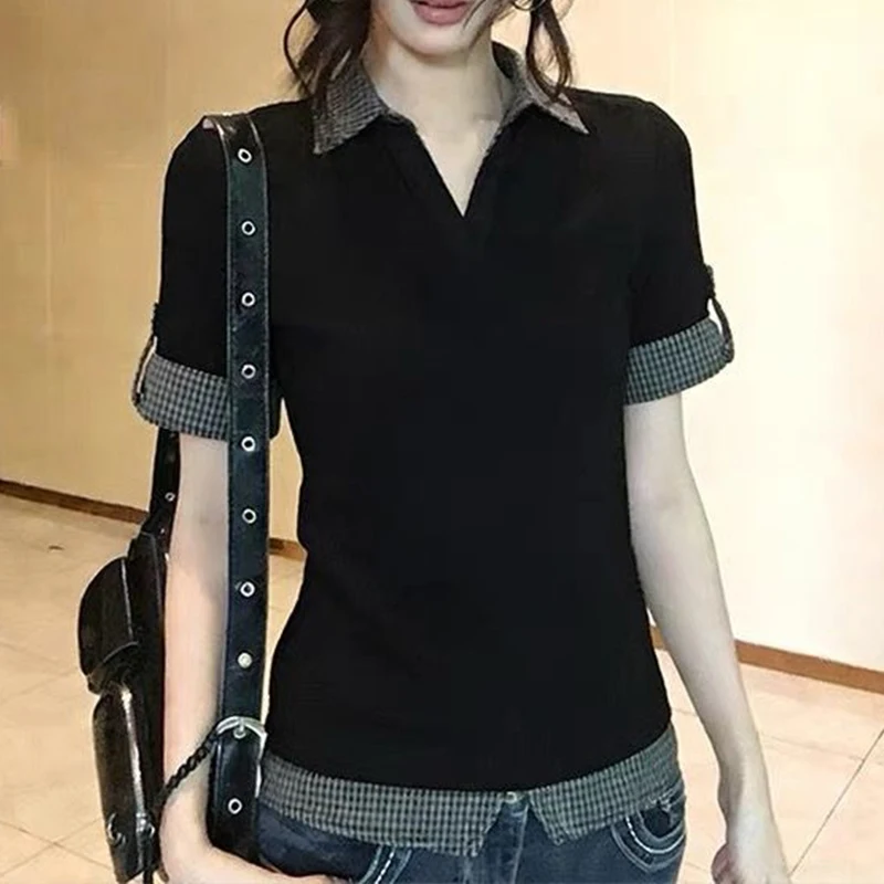 Womens Black Plaid Patchwork Polo Dress Short Sleeve V Neck Casual Knit Midi Dress