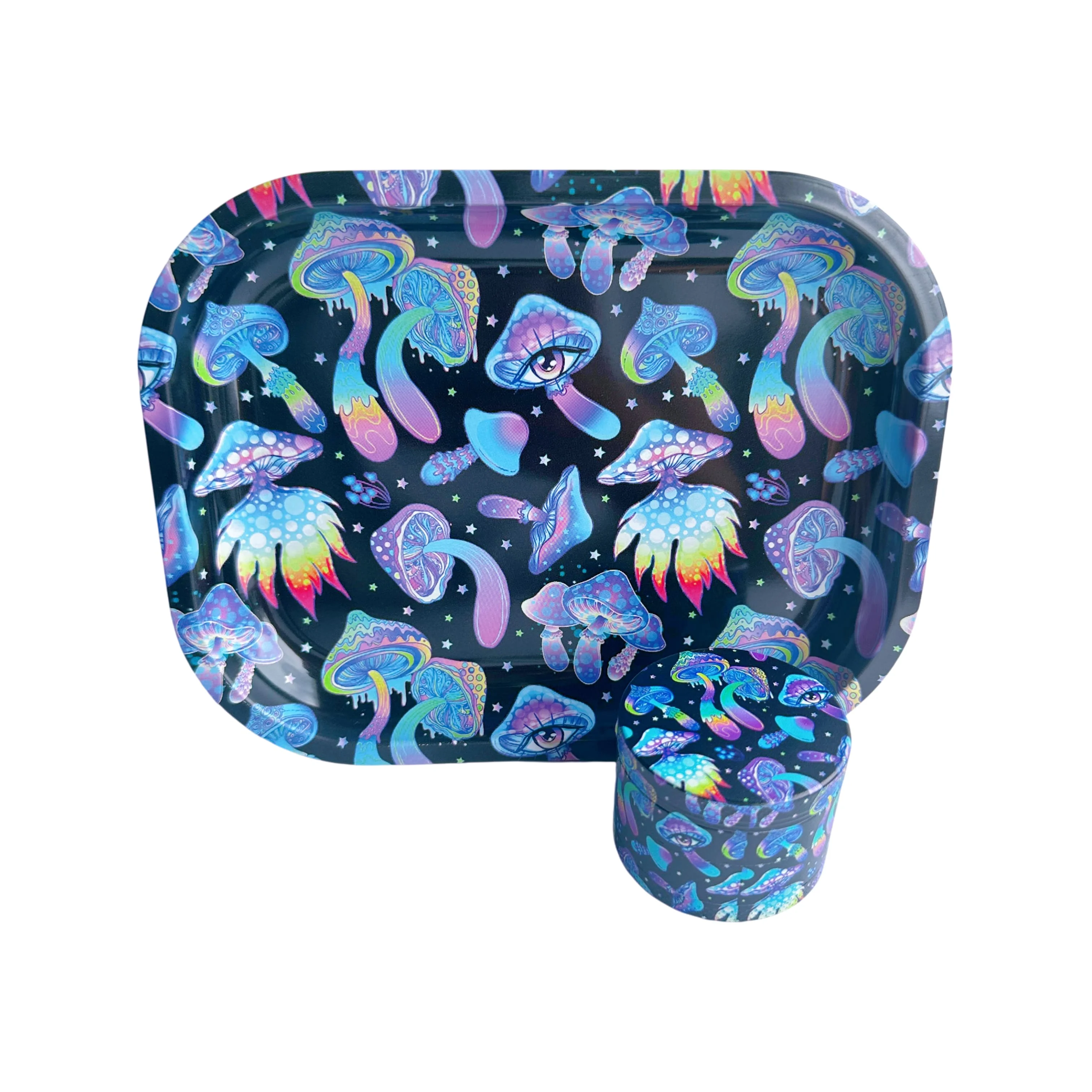 

2 Pieces Rainbow Mushroom Metal Rolling Tray and Herb Grinder Combo