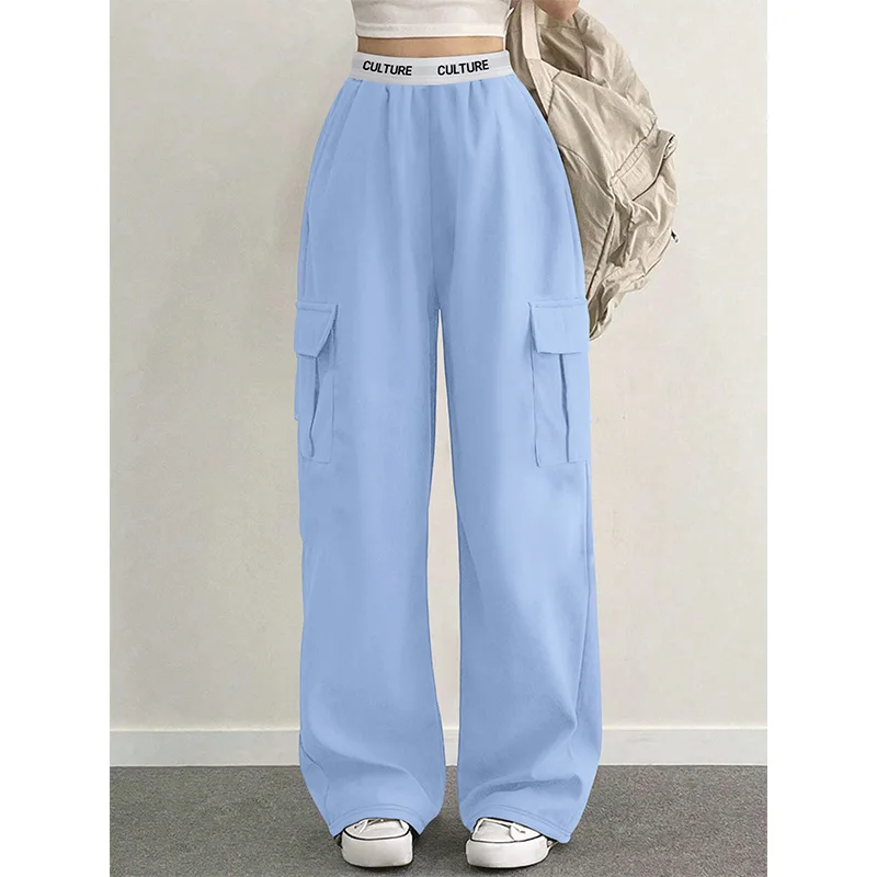 السراويل النسائية الصلبة عارضة فضفاض حزام جيوب المرأة السحب السراويل البضائع السراويل تخفيف الملابس النسائية