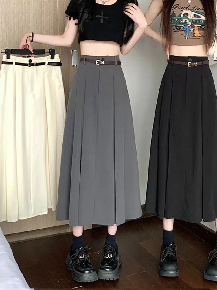 

Korean High Waist Pleated Woman Skirt Solid Preppy Zipper Female 2023 Summer Skirts Lady Casual Fashion Midi A-line Clothes