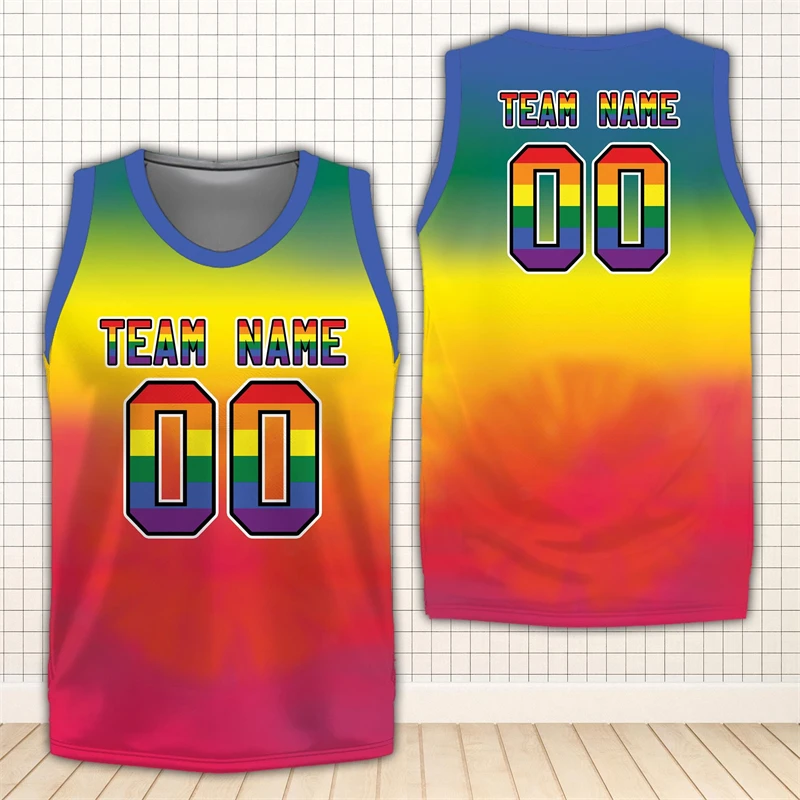 

Баскетбольная майка Rainbow LGBT Pride, индивидуальное имя, имя команды, номер, топы с круглым вырезом и 3D-принтом, свободный быстросохнущий спортивный жилет