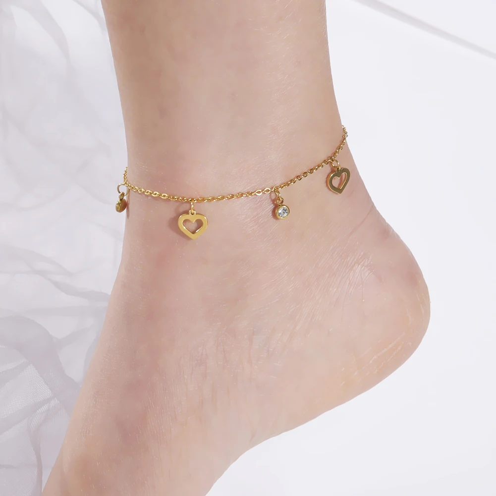 Skyrim Bohemia Heart Crystal Leg Ankle Bracelet Gold Color Stainless Steel Beach Foot Chain Anklet Jewelry Gift for Women Girls