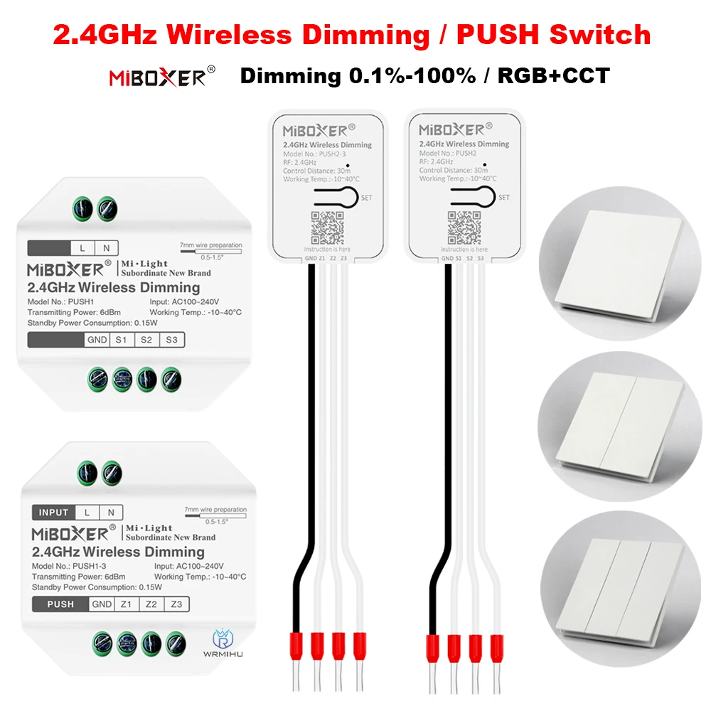 MiBoxer 2.4GHz Wireless RGB+CCT/Brightness Dimming Dual White PUSH Switch Remote 3-Zone LED Lamp Controller AC 110V 220V PUSH1/2