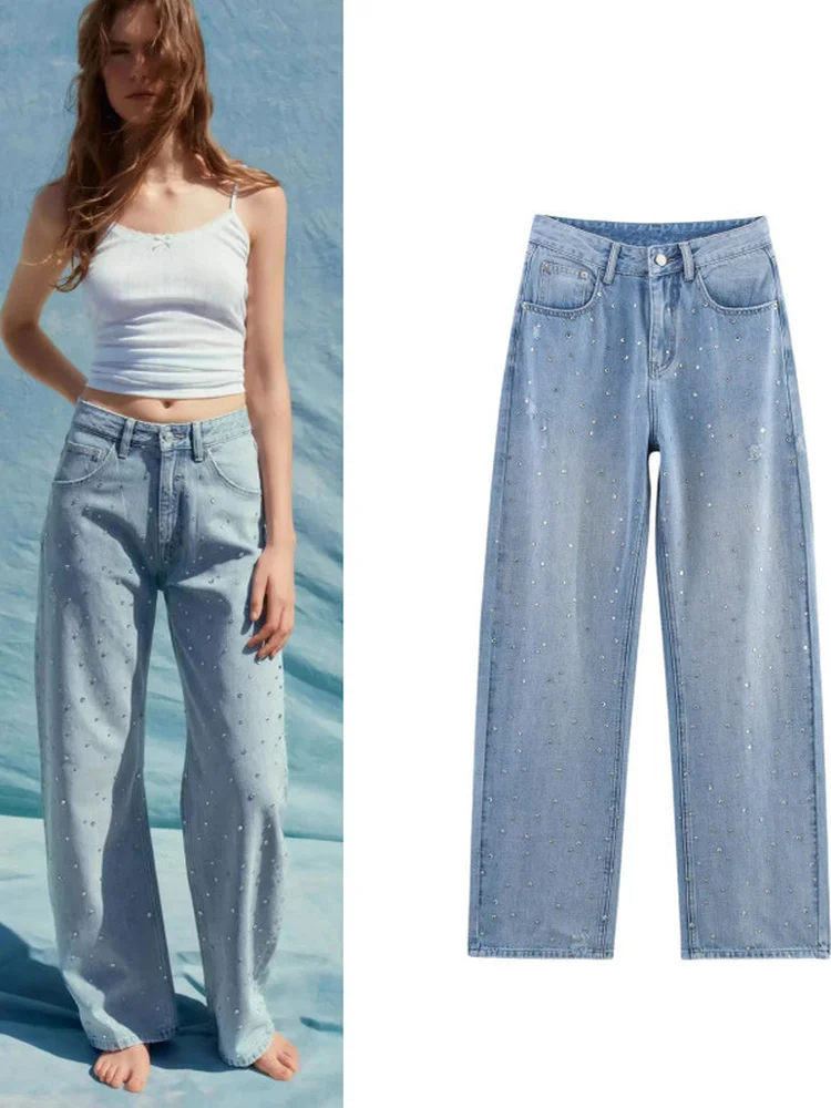 

Модные женские джинсы с высокой талией и изогнутым кроем, украшенные стразами, прямые брюки, новинка весна-осень, повседневные джинсы из денима