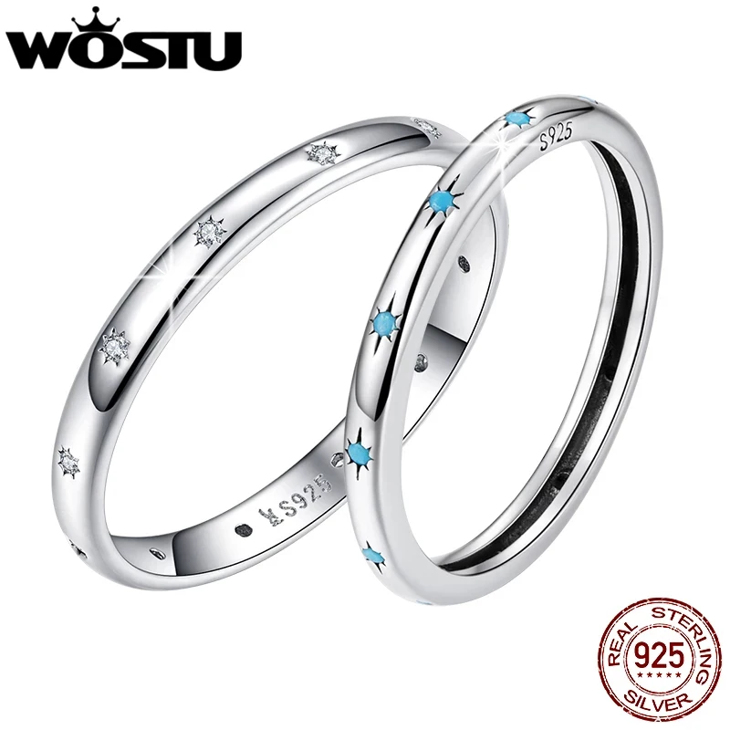 WOSTU 925 Sterling Sliver Turquoise Blue Star Patterns Simple Size Round Rings For Women Female Original Jewelry CTR240