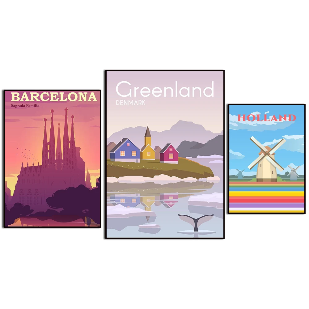 Países Bajos Islandia Japón Irlanda Grecia Barcelona Groenlandia. Paisaje de viaje en la ciudad. Pintura en lienzo del arte de la decoración de la pared del hogar