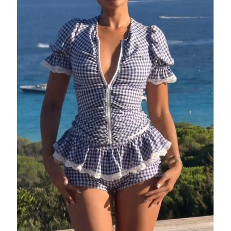 Women Summer 2Piece Y2k Lace Trim Gingham Outfits Set Puff Sleeve Zip-up V-Neck Ruched Slim T-Shirt+Ruffle Hem Shorts