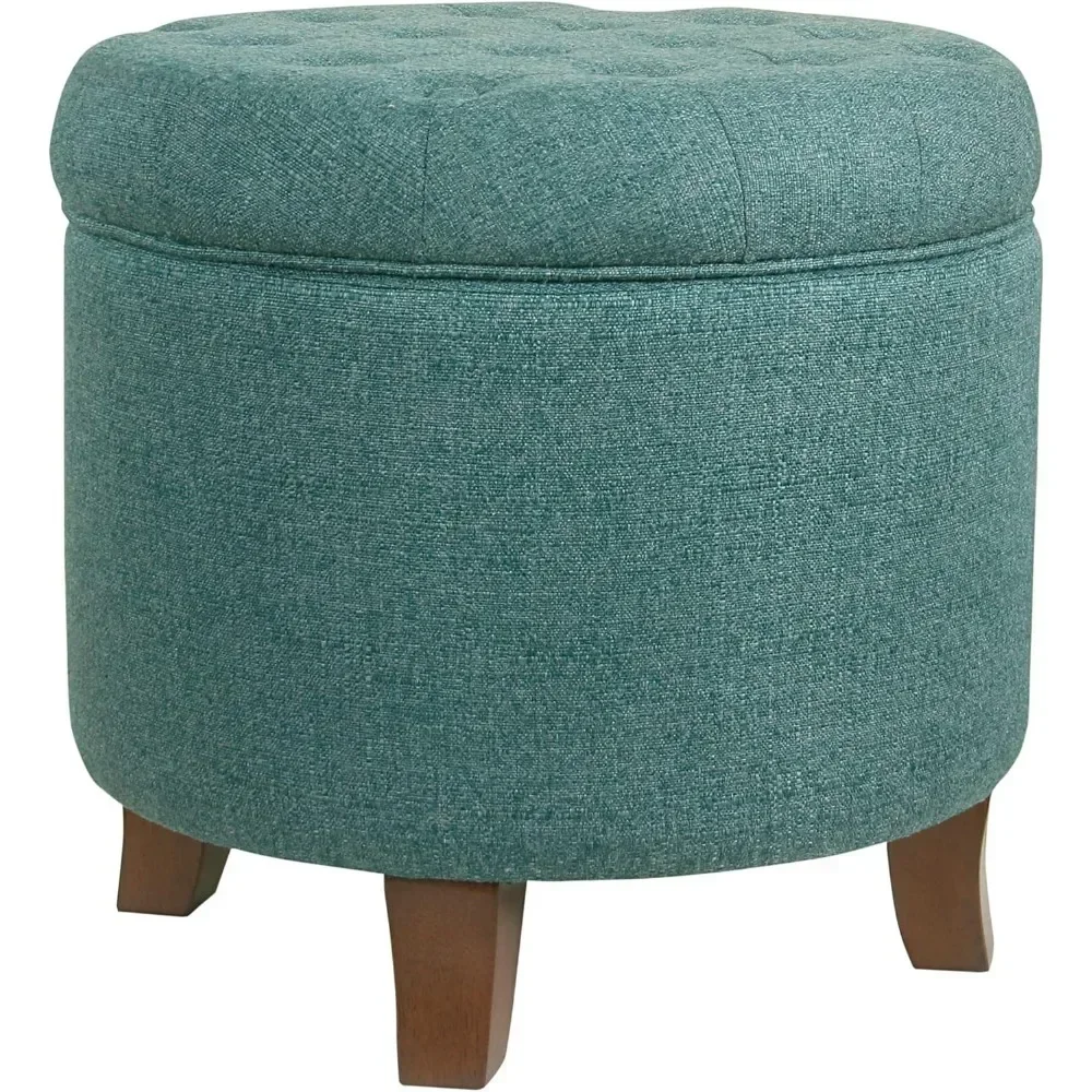 by Kinfine Fabric Upholstered Round Storage Ottoman - Button Tufted Ottoman with Removable Lid Teal Woven Stools Ottomans