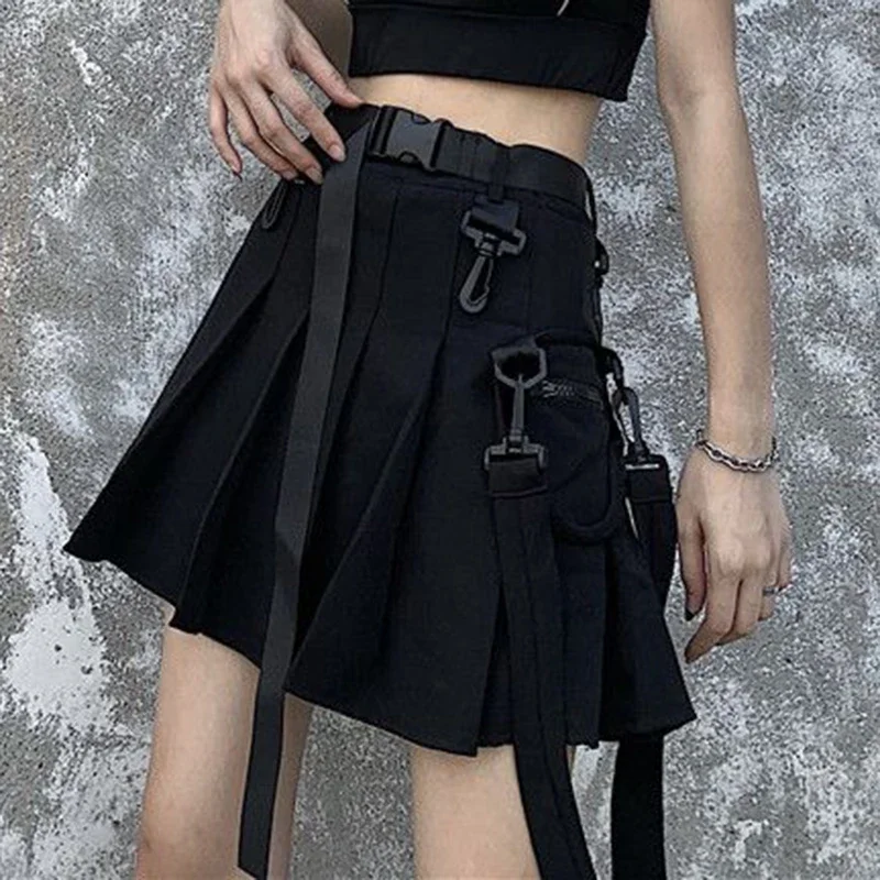 Black skirt female Harajuku style ins super fire work dress fashion temperament high waist pleated skirt A short skirt
