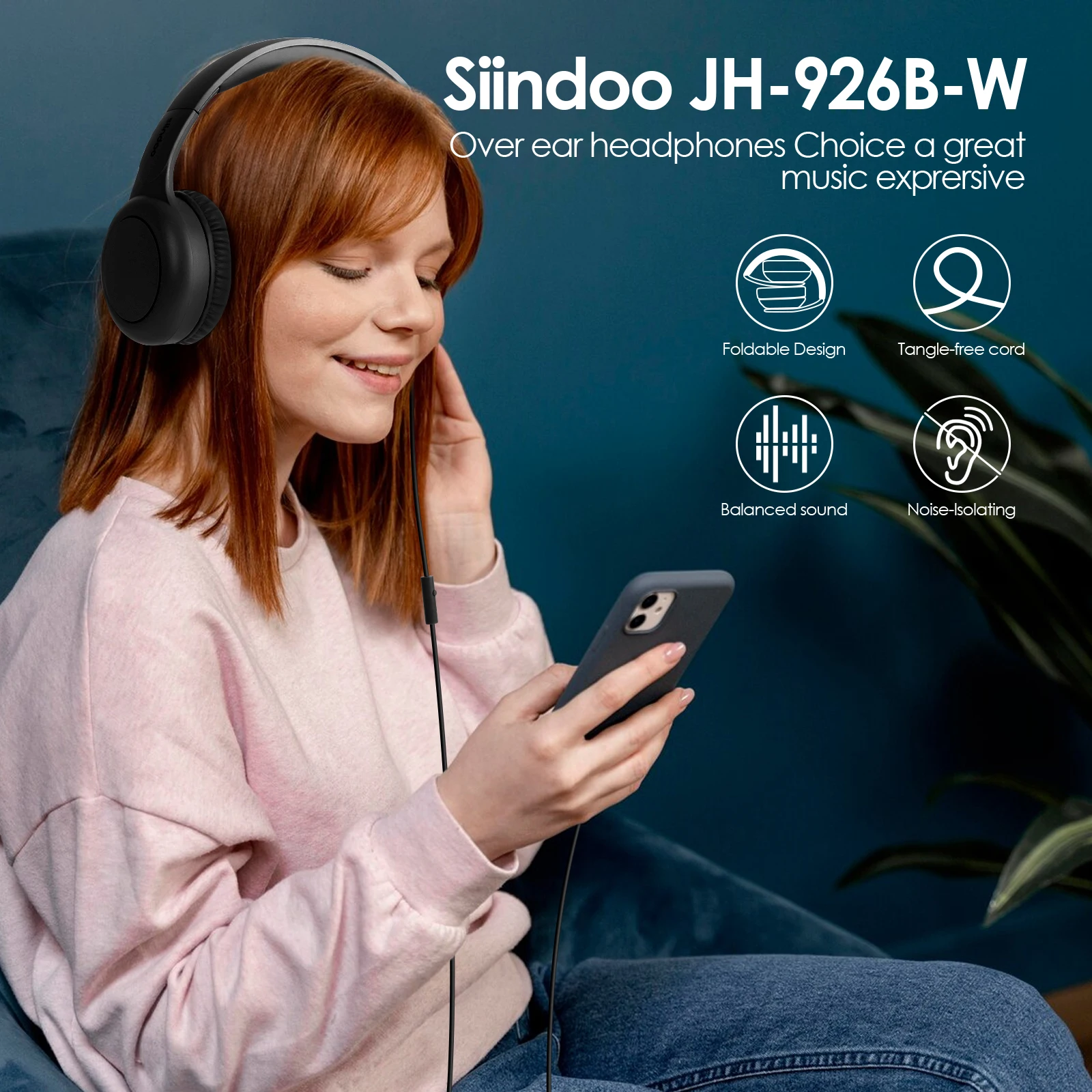 Siindoo 926B-W On-Ear Headphones with Microphone with 1.45m-Tangle-Free Nylon Line Type C Plug Foldable Portable Wired Headphone