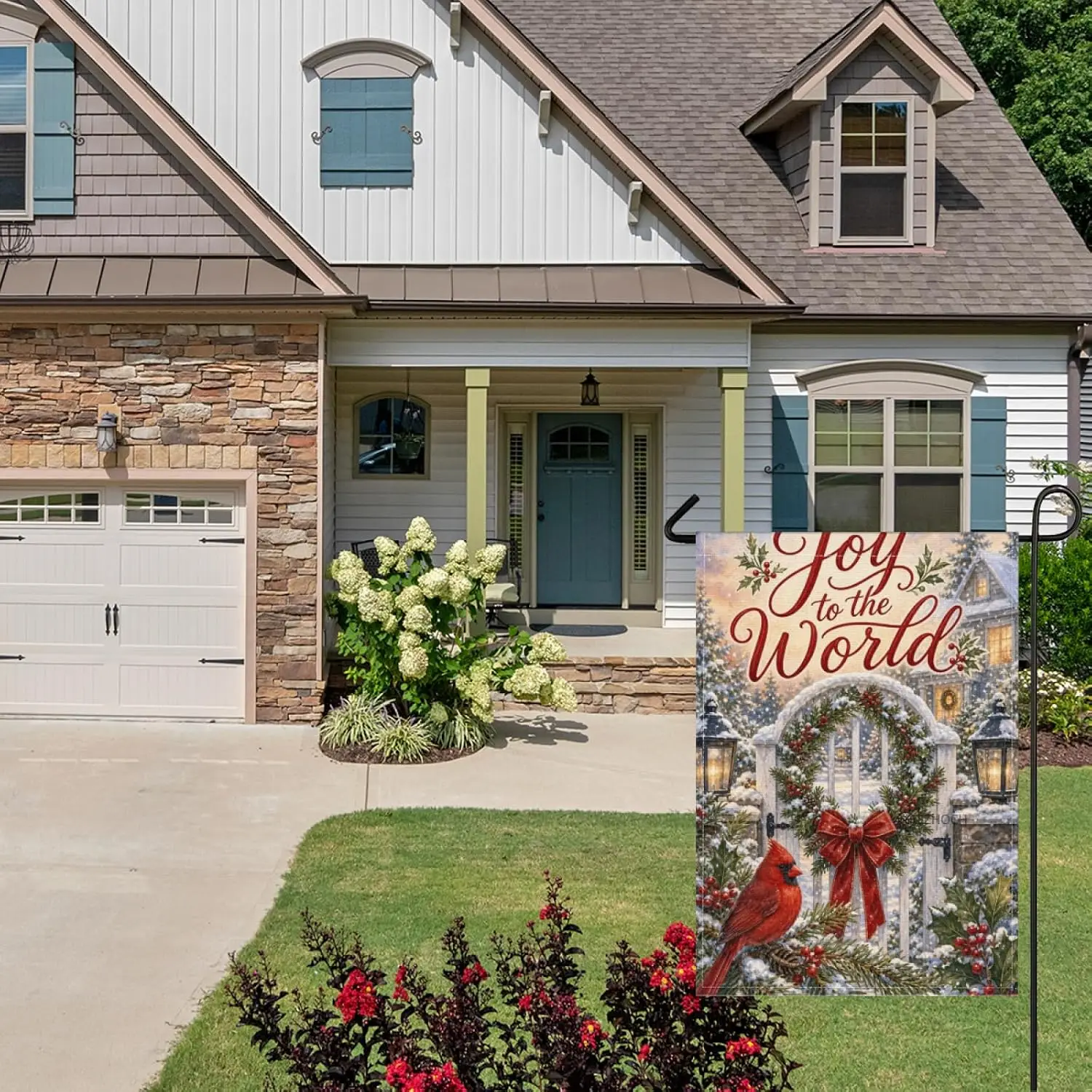 Cardinal Winter Garden Flag 28x40 Inch Joy to the World Red Songbird Holly Berries Evergreen Arch Snow Covered Gate Cottage  yyi