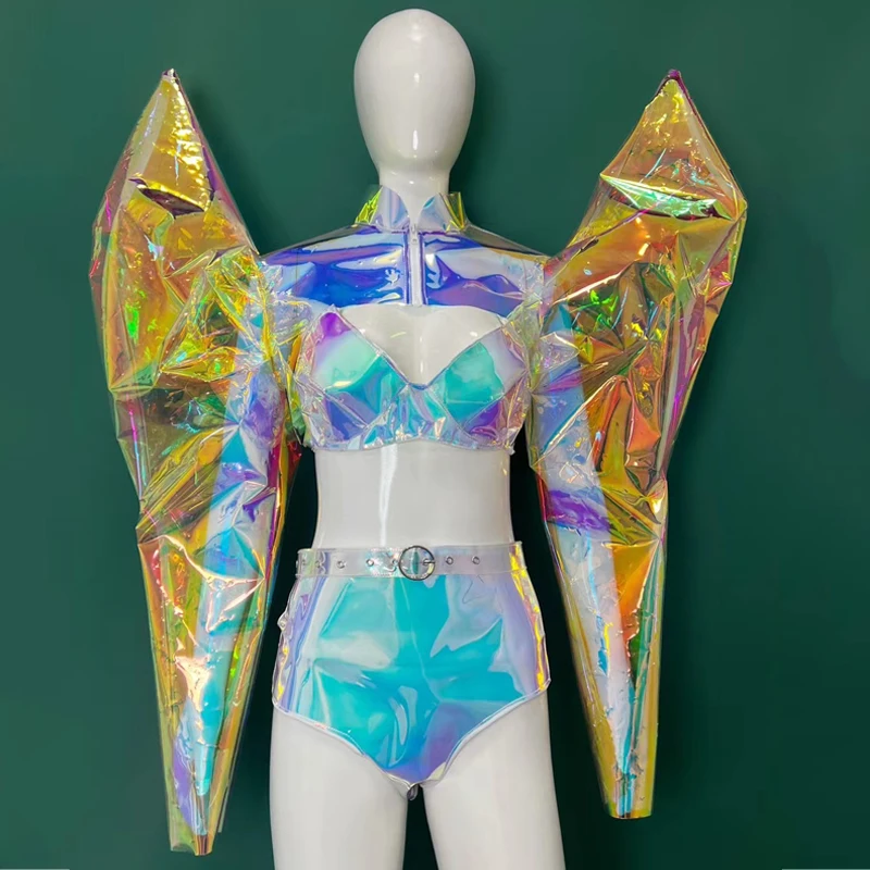 New Sexy Jazz Dance Outfits Colorful Laser Pole Dance Set Women Drag Queen Costume Bar Dj Ds Gogo Laser Clothing Stage Clubwear