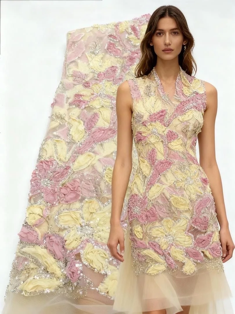 

Fashion African Nigerian 3D Fabric Embroidery 2025 High Quality Sequins Hot Sale French Beads Tulle Lace For Wedding Party Dress