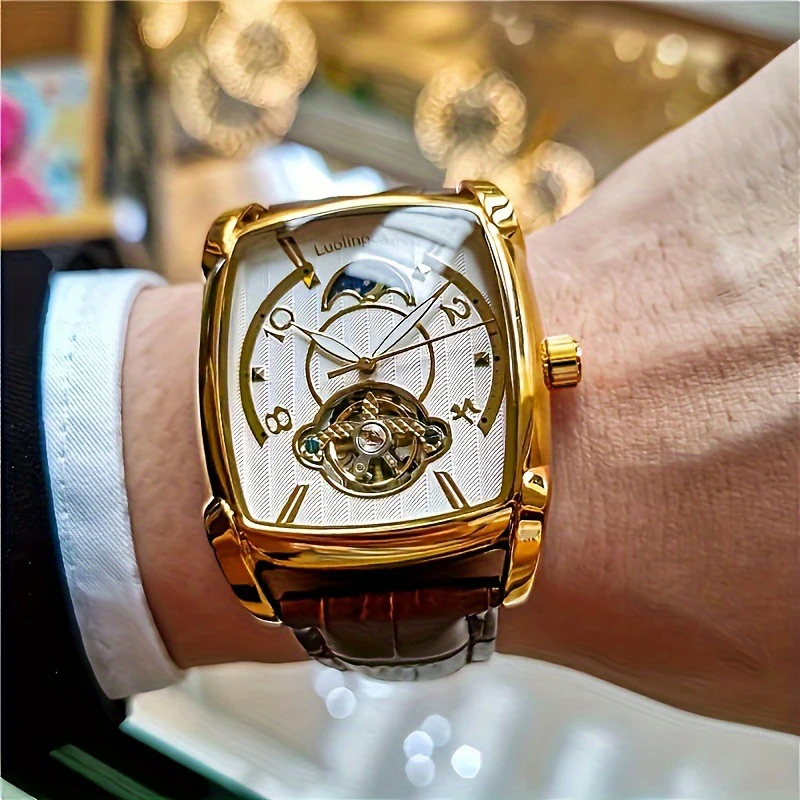 [Luxury Tourbillon Mechanical Watch] Lightweight Luxury Tourbillon Mechanical Watch for Men - Fully Automatic High-End Fashion Trend Skeleton Business Casual Men's Wristwatch - Sun, Moon, Stars, Barrel-Shaped, Grand Dial Design, the Best Gift for Him, No Batteries Needed