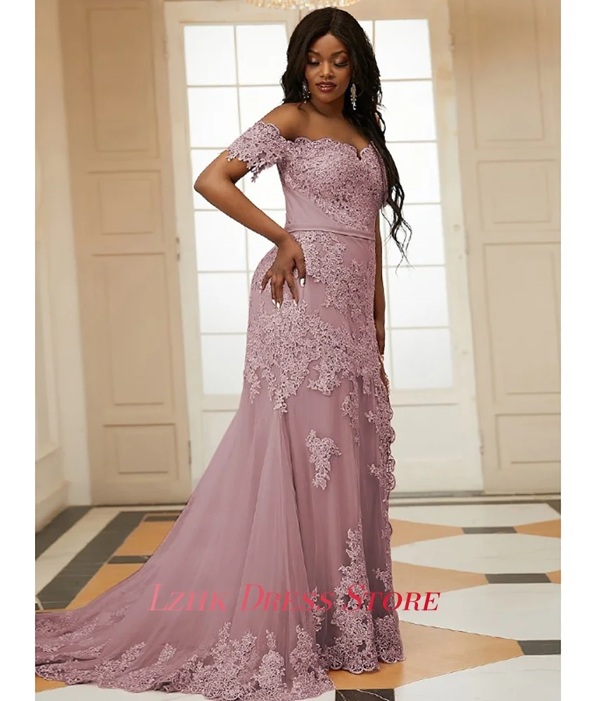 Personalizado temperamento organza sereia fora do ombro apliques vestido de noite sexy mangas curtas querida vestidos de festa