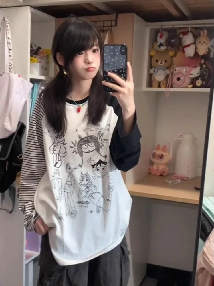

HOUZHOU Y2k White Anime Juminocore Women T-Shirts Harajuku Striped Long Sleeve Japanese Fashion Tees Oversized Casual Aesthetic