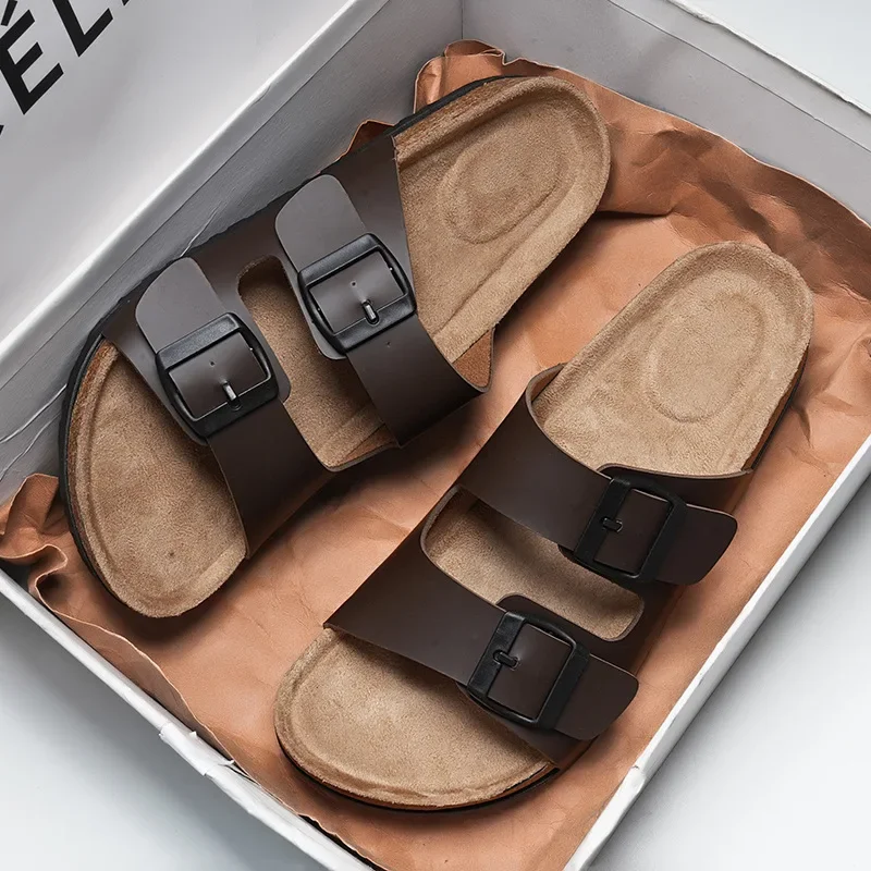 New Leather Birkenstocks Cork Flip-flops Male Couple Vintage Summer Wear Muller Slippers Fashion Casual Beach Sandals, New 2024