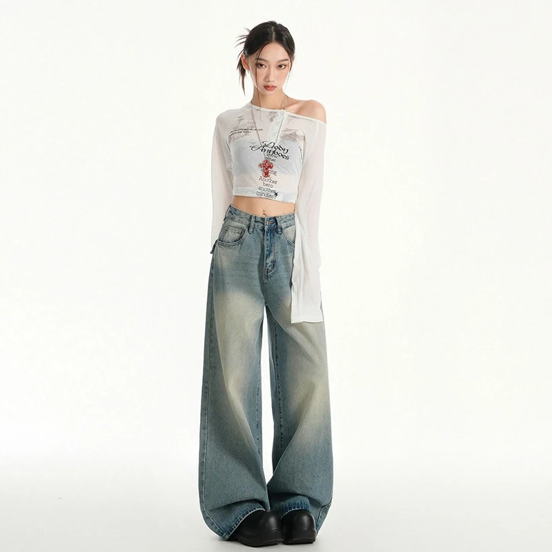 Damen-Hose im Taschen-Design, Retro-Waschung, Distressed, hohe Taille, schlankmachende, weit geschnittene, locker sitzende Denim-Hose in voller Länge