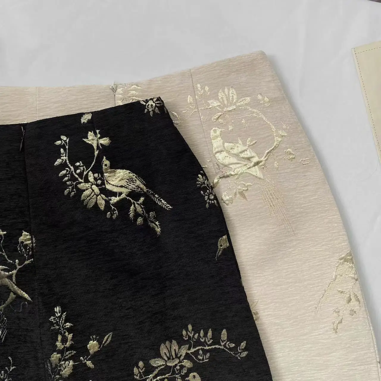 Chinese Style Black Boho Mini Skirt For Women 2024 Beige Print High Waist New Summer Wrapped Hip A-line Short Jacquard Skirt Y2k