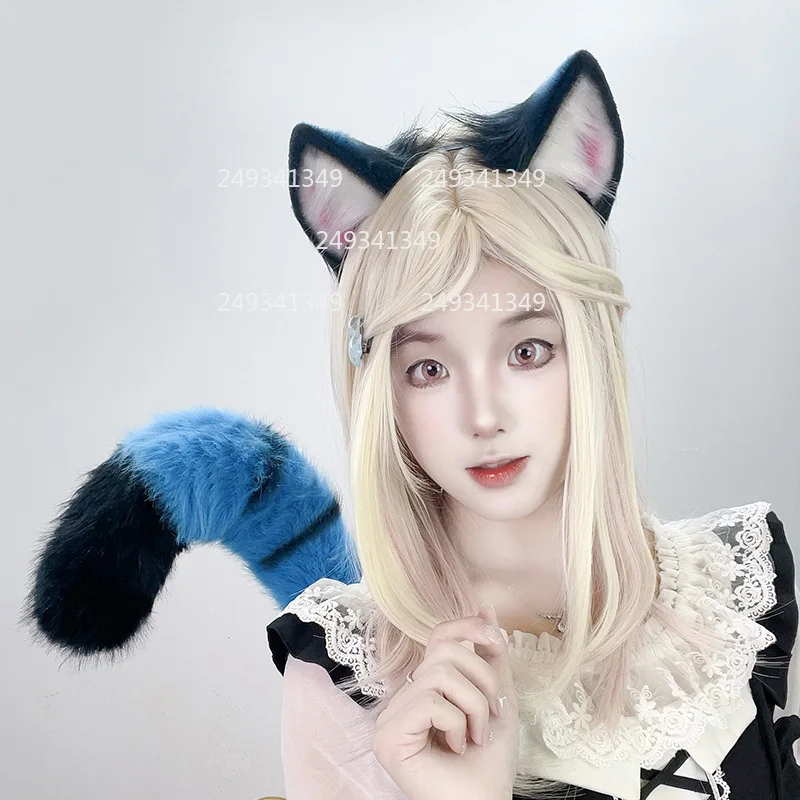 Tiger Ears Anime Movie Cosplay Headwear Woman Plush Animal Blue Tail Comic-con Stage Performance Props Party Costume Accessories