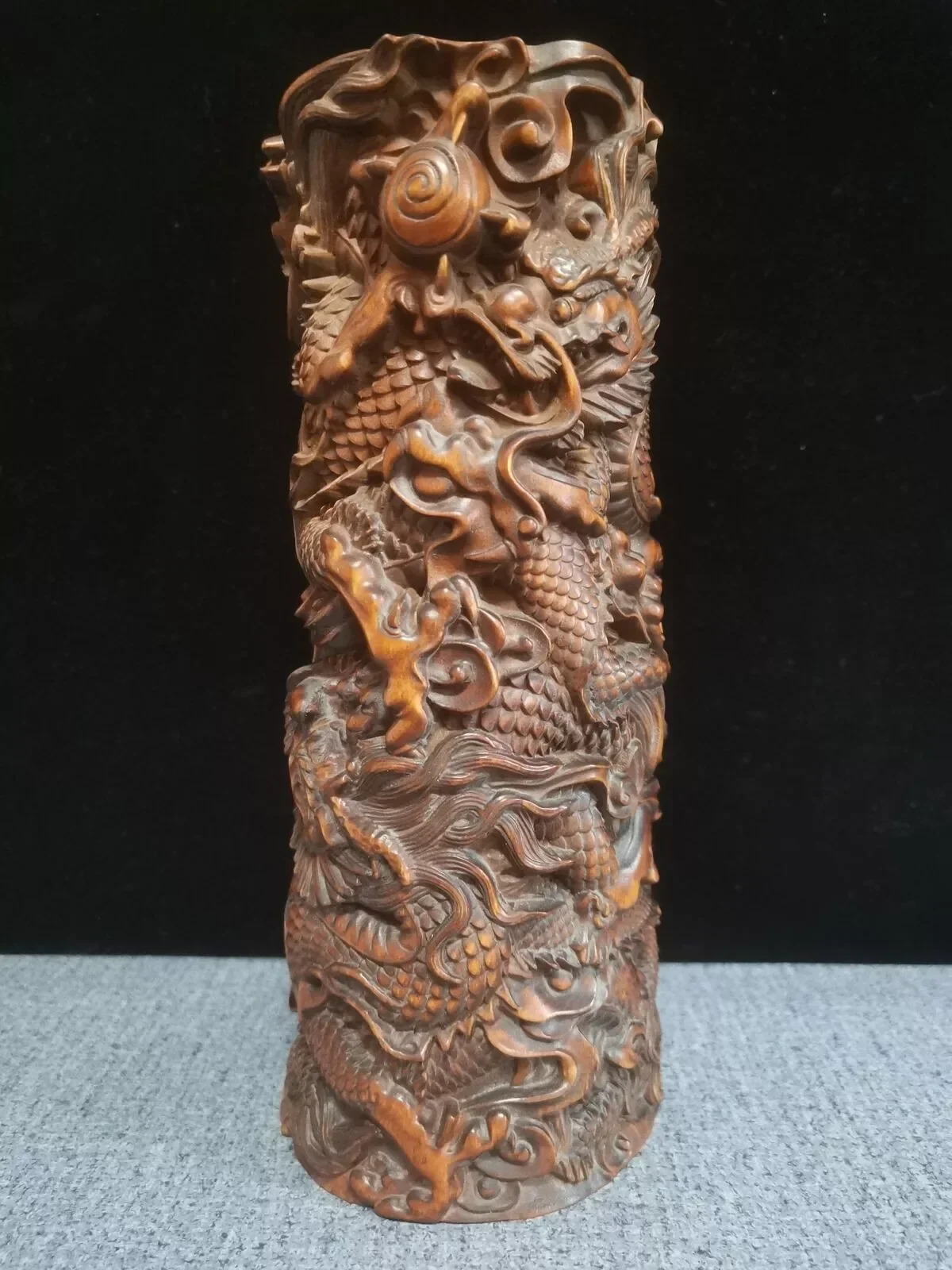 Chinese Boxwood Hand-carved Dragon Pillar Penholder Statue