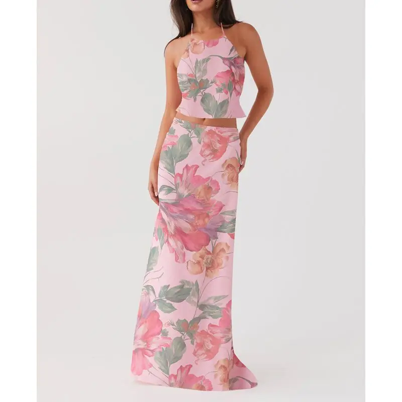 Combhasaki Women Summer 2Pc Floral Print Outfit Set Crop Lace-up Halter Neck Backless Tops+Elastic Waist Mesh Layered Long Skirt