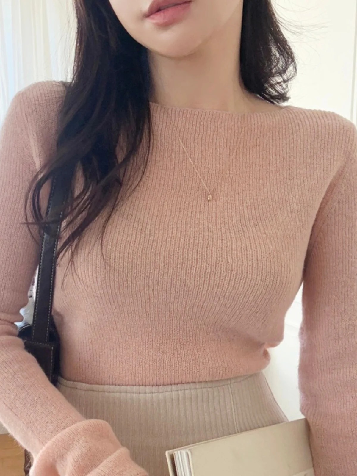 Début du printemps femmes Long Sve tricoté pull coréen Sle coupe ajustée vêtements intérieurs couche de Base bateau Ne haut vêtements d'extérieur