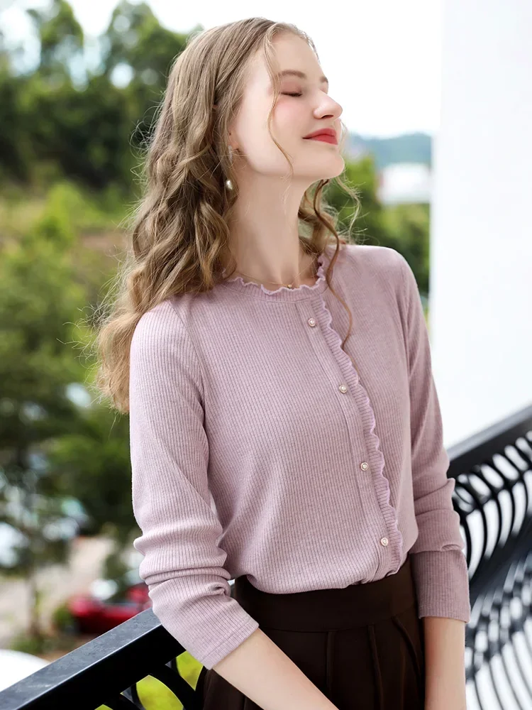 I BELIEVE YOU Purple Elastic Knitted Long Sleeved T-shirt Top for Women Fall Clothes 2024 Women Office Lady Tops 2244015821