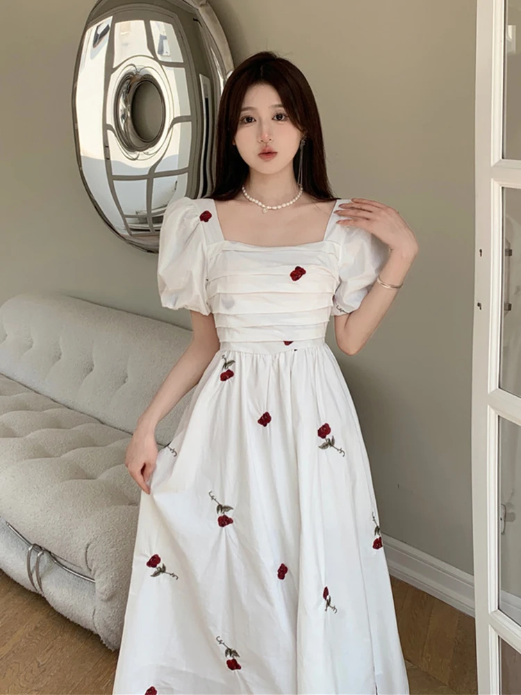 

plus Size Women's Dr Embroidered Bubble Sve Rose Print Slimming Long Dr Korean Sle High Waist A-Line Skirt