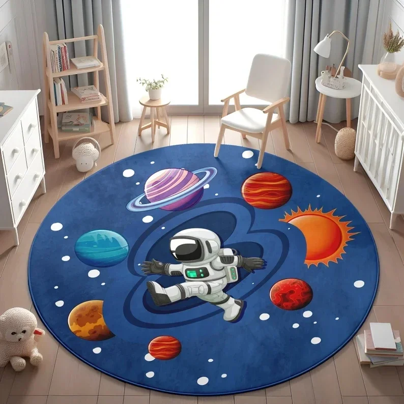 Alfombra redonda de astronautas y planetas, decoración para sala de estar, sofá, alfombra de juego para niños, alfombra de noche para dormitorio, alfombra de área de lectura