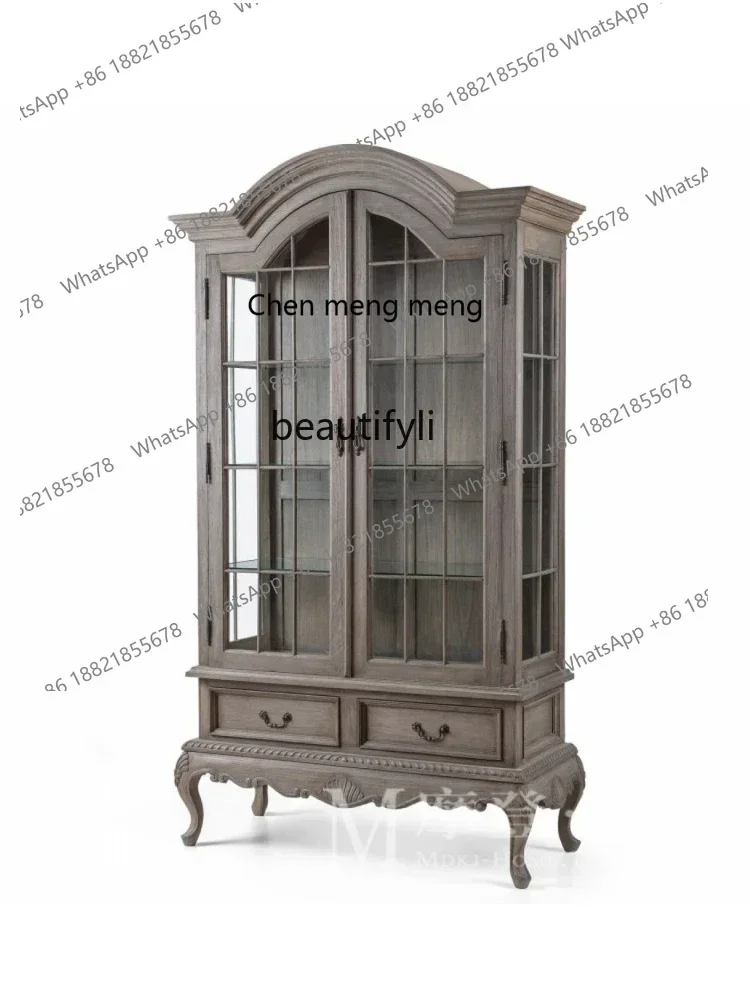 

X American country retro old oak wine cabinet glass double door arch, living room, dining side cabinet