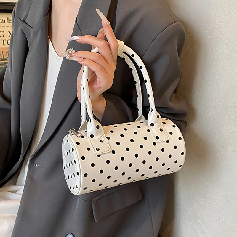

Korean Polka Dot Crossbody Bag Barrel Shape Mini Top Handle Purse Daily Casual Shoulder Bag Women's Cute Elegant Underarm Bag