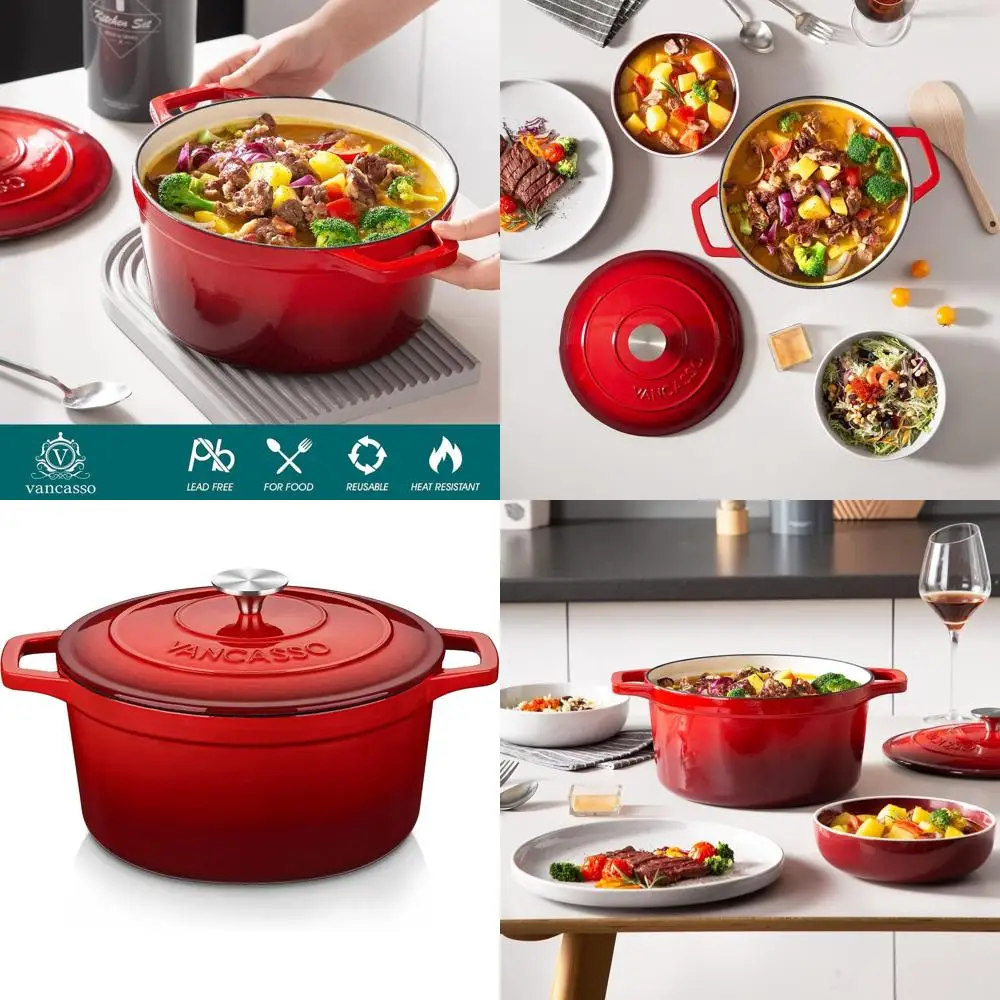 

Non-Stick Cast Iron Dutch Oven with Lid - Heavy-Duty Bread Baking, Dual Handles, All Heat Source Compatible, Red