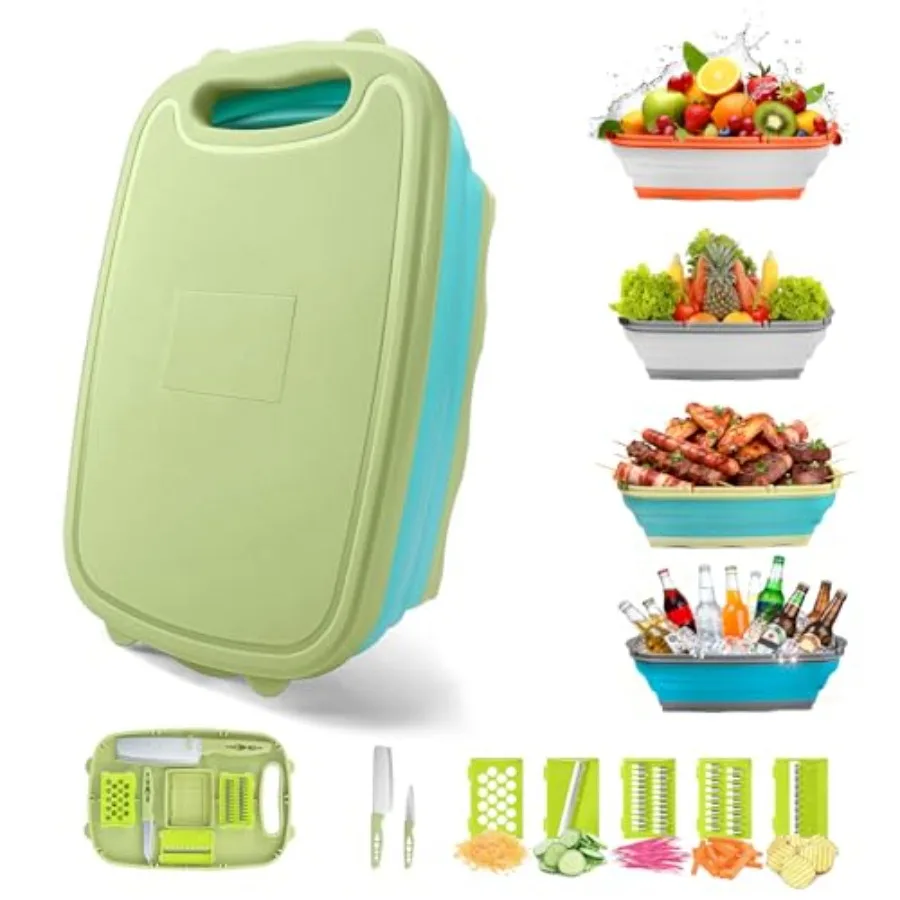 

Camping Cutting Board, 9-in-1 Collapsible Chopping Board with Colander, Kitchen Vegetable Washing Basket for Camping, Camping G