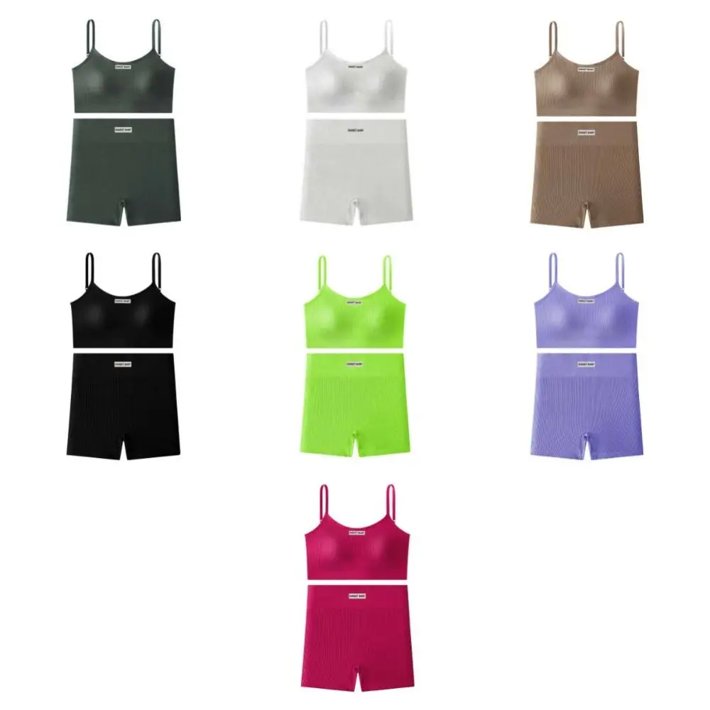 مجموعة ملابس رياضية نسائية فائقة التمدد بدون أكمام، ملابس رياضية، سراويل قصيرة، طقم سراويل قصيرة بلون سادة #6
