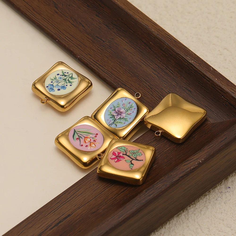 4 Stück Gold Edelstahl Emaille Blumenanhänger Quadratische Halskettenanhänger für DIY Modeschmuckherstellung Armband Ohrring Zubehör – Detail 5