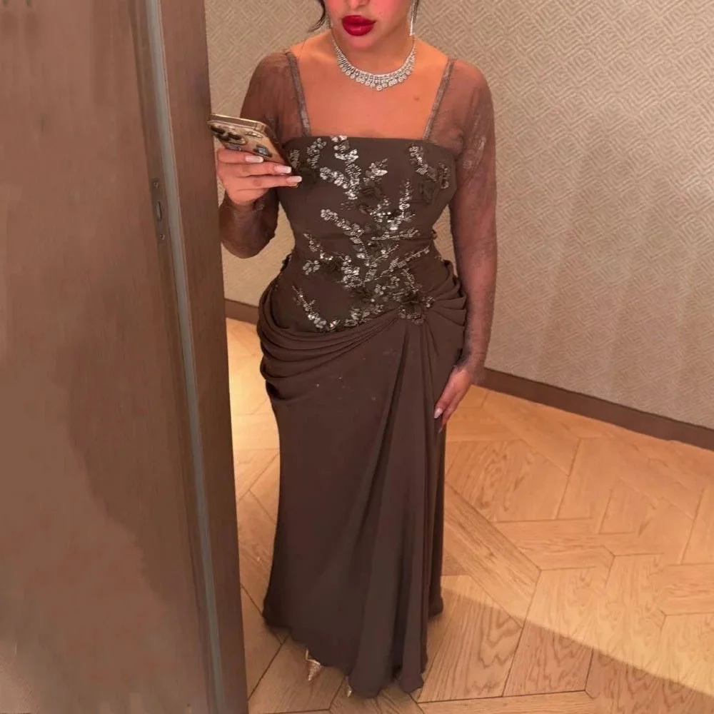 

Customized Exquisite Long Sleeve Women Prom Dress Ruched Charming Mermaid Zipper Party Dress Sexy Lace Applique Evening Gown