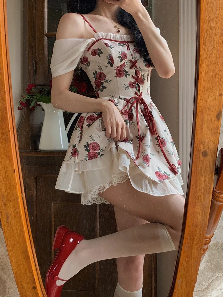 Print floral kawaii sweet dress women red Christmas elegant party mini dress 2022 new off shoulder France cute strap dress fairy