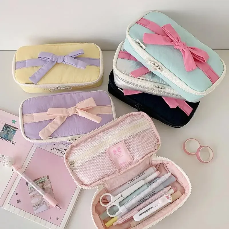 Candy Color Ballet Style Soft Pencil Case Girl Bowknot Stationery Storage Bag High-value Vertical Pencil Case