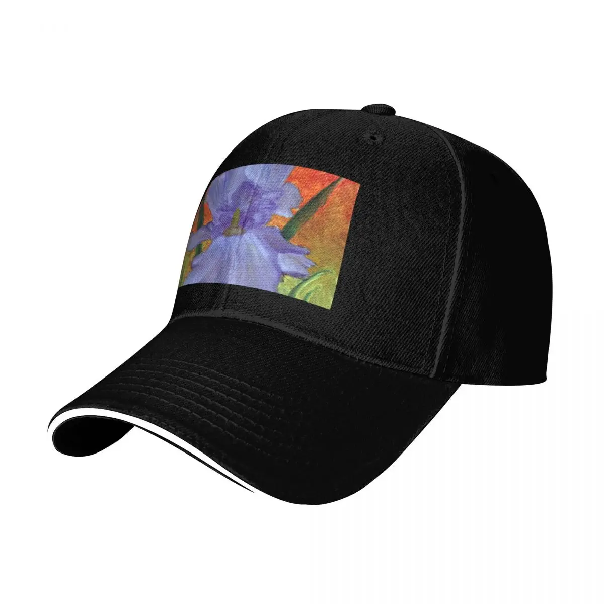 

Rainbow Purple Iris Flower Against Fiery Sunset Colors, Abstract Oil Painting, Colorful Flower, Nature-Inspired, Un Baseball Cap
