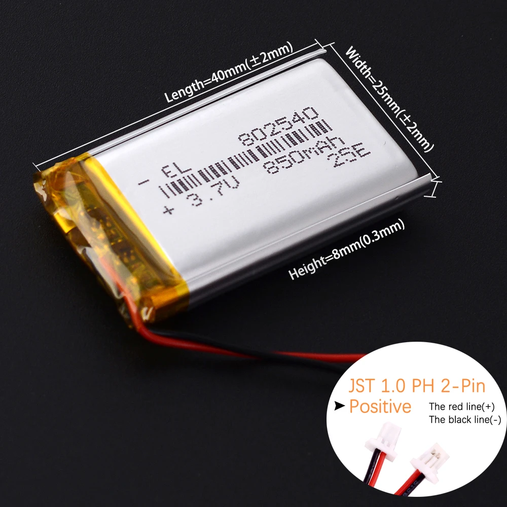 JST1.0 2P 3.7V 1000mAh 902540 Lipo lithium polymer battery 302540 402540 502540 102540 702540 802540 602540